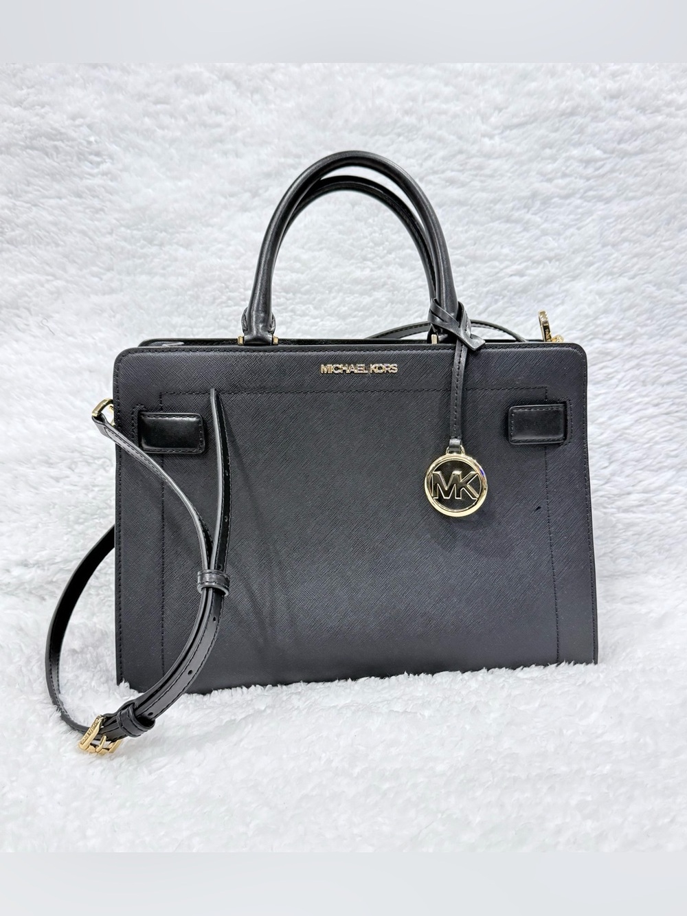 Michael Kors Black Saffiano Satchel with Gold MK Charm